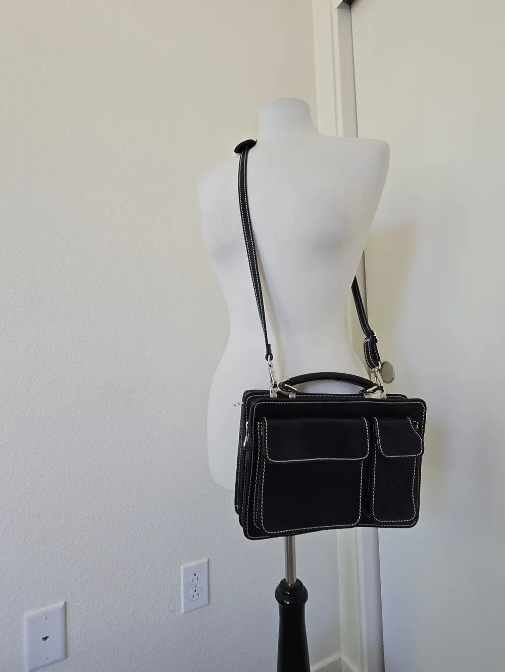 Il Giglio Black Leather Multi-compartment Crossbody Bag Structured Unisex Italy